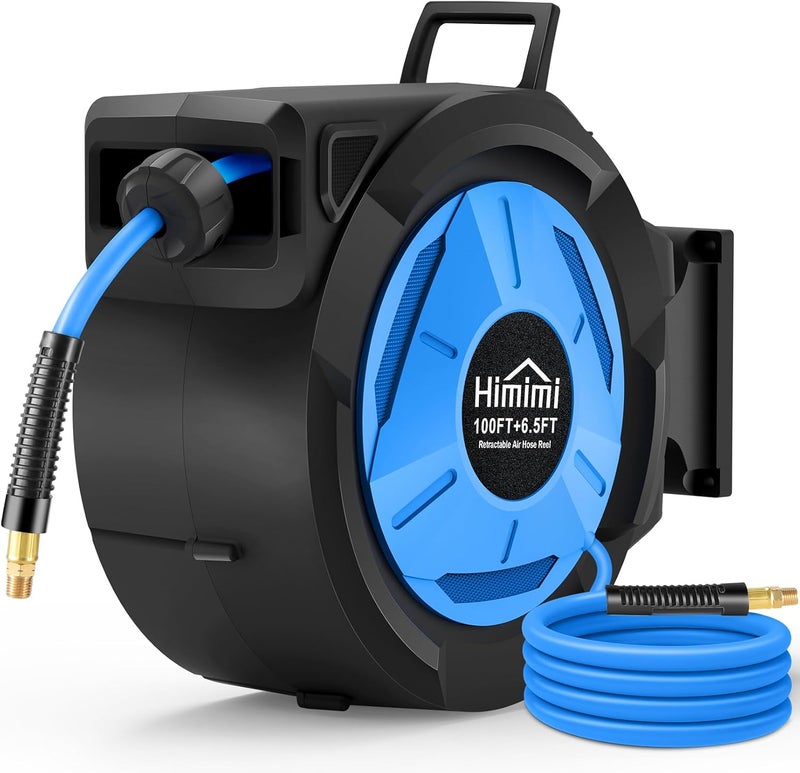 Himimi Retractable Air Hose Reel, 3/8" x 100 Ft Hybrid Hose Air Compressor Hose Reel with 6.5 Ft Lead-in Max 300 PSI, Air Hose with Any Length Lock, Automatic Rewind, 180° Swivel Bracket, Quick Coupler - Image 1